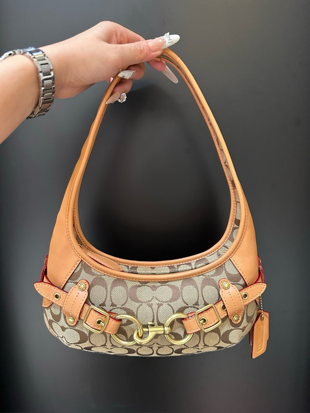 Coach Tan Signature Jacquard Shoulder Bag with Gold Hardware